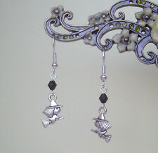 Cute Witch on a Broomstick and Black Bead Drop Earrings - Halloween Wiccan