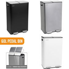 Kitchen Rubbish Recycling Pedal Bin 60L Dual 2 Waste Compartment White / Black