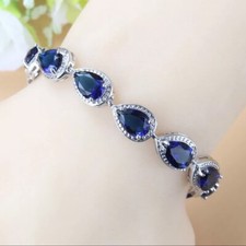 Sterling Silver Blue Lab-Created Sapphire White Topaz Teardrop Gemstone Bracelet