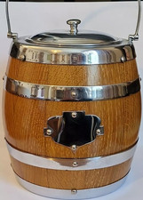 Wooden Biscuit Barrel with White Metal Bands, Handle & Lid