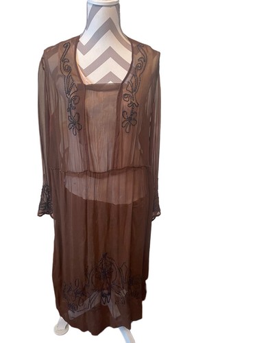 Antique 1920s brown chiffon - brown,