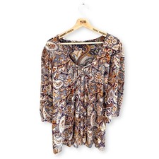 Ladies Beige Purple Print Sheer 3/4 Sleeved Blouse Top Size 20