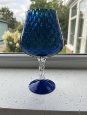 Dark Blue Brandy Glass / Vase On A Twisted Glass Stem 20cms Tall Vintage VGC