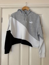 PUMA Ladies Power Cat Cropped Grey White & Black Hoodie Size M