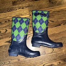 Women's Boots L.L. Bean Wellie Rain Boots Size 10M Blue & Argyle  Pre-owned
