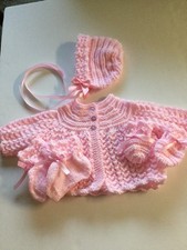 New hand knitted 4 piece babies matinee set in pink dk to fit 16"