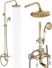 Bathtub Bathroom Rain Shower Faucet Set Stacks Handheld Mixer Tap Antique Brass