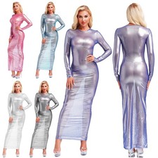 UK Women's See Through Maxi Dress Metallic Sheer Long Sleeve Bodycon Clubwear 