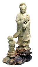 VINTAGE ORIENTAL HAND CARVED SOAPSTONE GUAN YIN AND CHILD FIGURINE STANDING .