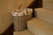Grey-wash Wicker Stair Basket with Robin Bird Liner Home Stairs Storage Tidy