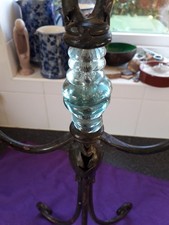 Vintage 3 Candle Holder Wrought Iron Green/ Blue Recycle Glass Candelabra 21” T