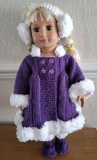 HAND KNITTED PURPLE COAT & BOOTS WITH FUR TRIM & EAR MUFFS TO FIT 18 "  DOLL  