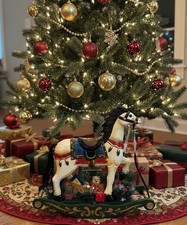 Vintage Hand-Carved Wooden Rocking Horse Christmas Centerpiece • Large 17” 