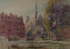 Original Watercolour, 'Georgian Terrace with Chapel', Artist Unknown, dated 1947