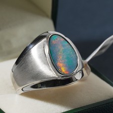 Australian Black Opal Doublet 925 Silver Mens Signet Ring Red Fire Green X 11.5