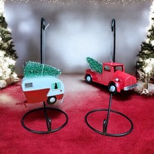 Retro Camper And Red Pickup