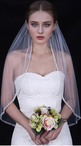 Elbow length white - length, tulle