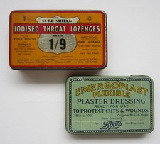 2 Vintage Chemist Tins. Boots Emergoplast Plaster, Sure Shield Throat Lozenges.