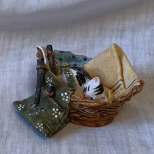 Peter Fagan Vintage Cat Sleeping In Laundry Basket With Green Clothes Peg Bag