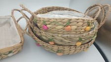 4 VTG  Raffia Straw Nesting Baskets W/Handles Fruit Design 