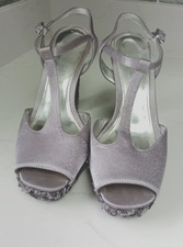 Women's Silver Grey High Heels Sequin Wrapped Block Heel, Sandals Shoes Size: 4