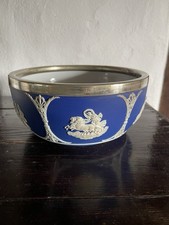 WEDGWOOD COBALT BLUE JASPERWARE SALAD BOWL, Silver  Plate Rim, Circa 1910