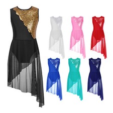 UK Girls Kids Sequins Modern Jazz Dance Costume High Low Lyrical Dress Dancewear