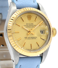 ROLEX Oyster Perpetual Datejust 26mm Gold Color Dial Ladies Watch on Blue Strap