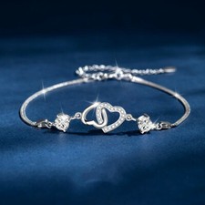 925 Sterling Silver Crystal Double Heart Linked Charm Bracelet Women Jewellery