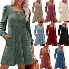 Women's Knit Jumper Dress Ladies Long Sleeve Square Neck Winter Casual Dresses