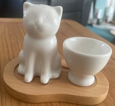 Novelty Cat Salt Shaker and Egg Cup on Bamboo Tray