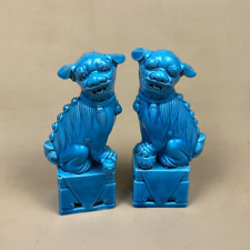 Pair of Oriental Ceramic Chinese Foo Dogs Ornaments Statues Vintage Blue Dragons