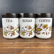 Vintage Cerve Tea Coffee Sugar Canister White Glass Set Leaf & Vine 70s Italy