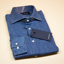 Thom Sweeney Cut Away Collar Chambray Shirt / 17.5 / RRP £345 / Indigo / NEW