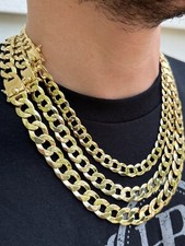 Flat Curb Cuban Link Chain Necklace Real 14k Gold Plated 925 Silver Box Clasp