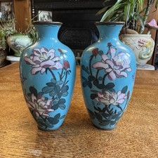 Meiji Period? Metalwork and Enamel Miniature Pair of Blue Vases, Japan