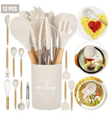 FXY Silicone Kitchen Utensils Set,12 Pcs Wooden Handles Spatula Set,Cooking Uten