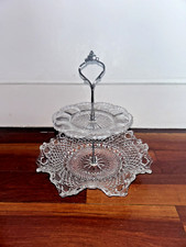 Pretty 2 Tier Cake Stand Mismatched Vintage Pressed Glass