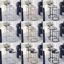 2 Piece Round Nesting Side Tables Set Tempered Glass Top Metal Leg Coffee Tables