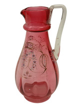 Antique Cranberry Glass Jug with Hand Painted Floral Detail Preowned 