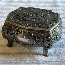 Antique TK Japanese Ornate Trinket Box Embossed Patt Silver Tone Britannia Metal