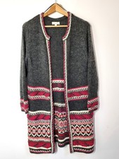 Monsoon Fair Isle Cardigan Size S Longline Grey Pink Knit Wool Alpaca Nordic