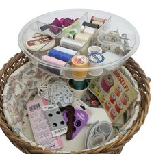 Sewing Box Wicker With Contents Bundle Cotton Pins Needles Joblot Elastic + More