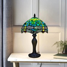 Tiffany Dragonfly Style Green Table Lamp with Multicolor Stained Glass Shade