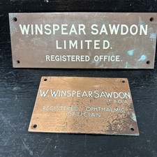 Rare Vintage Set Of 2 Bronze & Copper Shop Plaques Winspear Dawson Opticians