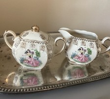 Sadler Dainty Miss Sugar Bowl & Cream Milk Jug Set Cube Shape 1950s dancer