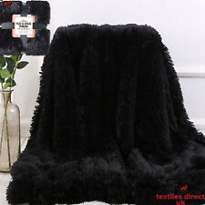 Black Long Pile Fluffy Teddy Faux Fur Soft & Cuddly Blankets Home Chair Throws
