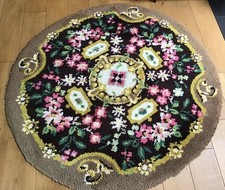 MID century 60s LARGE circular RYA  Style Readicut Wool FLORAL RUG 58” Diameter