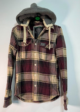 Superdry Flannel Lumberjack Shirt Mens Small Beige Burgundy Plaid Hooded Winter