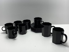 Vintage French Arcoroc Octime Black Glass Octagonal 2x Mugs 6x Cups & Saucers 